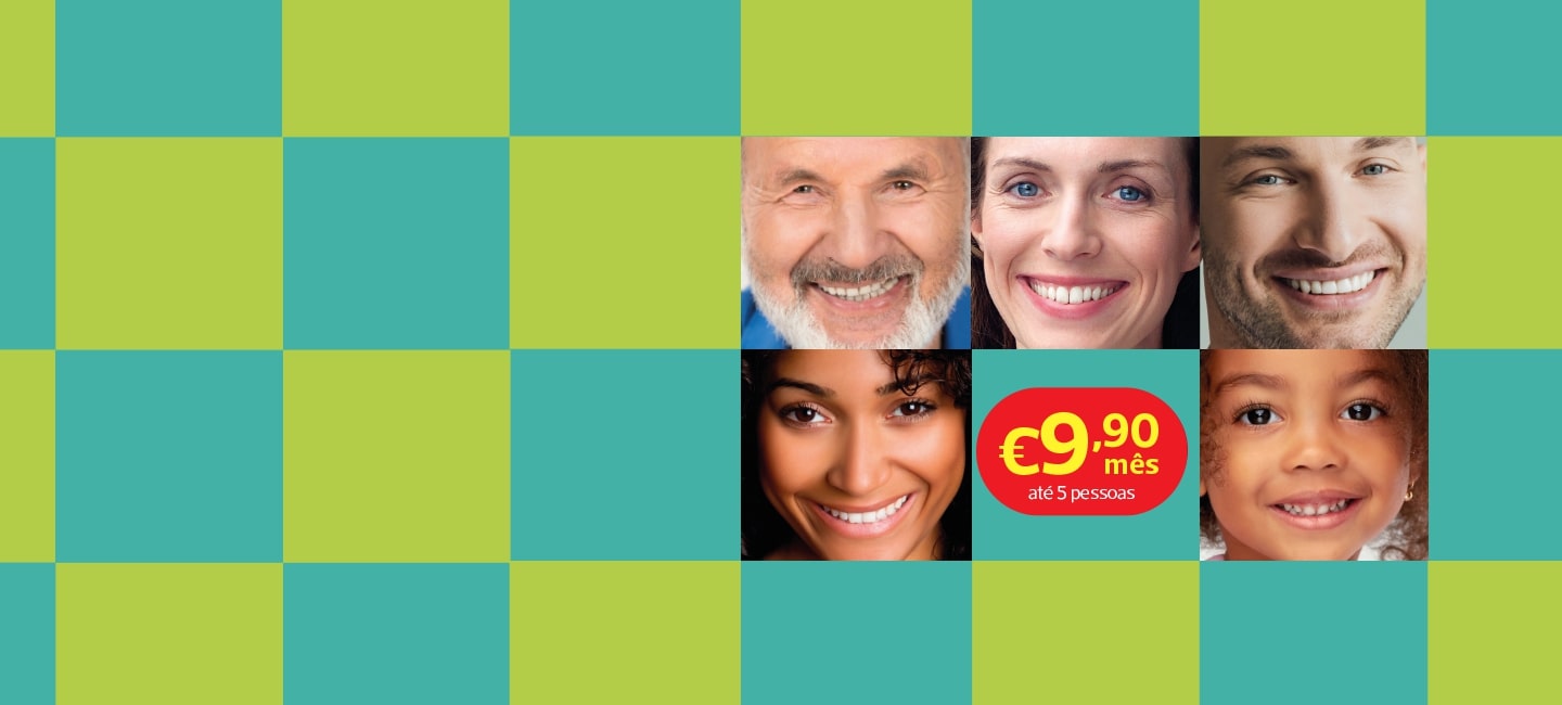 Tem um padrão de quadrados  verdes e azuis . Na imagem há cinco pessoas e tem o valor do seguro por mês que é 9,90 válido até 5 pessoas.