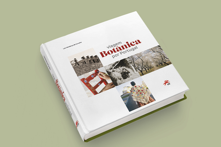 Capa do livro Viagem Botânica por Portugal, a capa mostra alguns elementos tipos de Portugal.