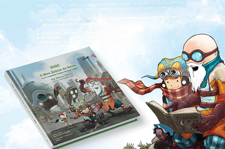 Livro infantil com robô, idoso a ler para uma criança e personagens com roupas coloridas e divertidas.