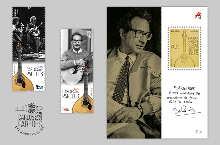 2 selos carlos paredes a tocar guitarra portuguesa e 1 selo de uma guitarra