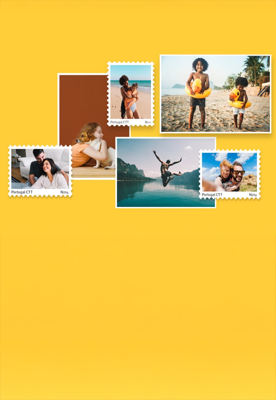 Imagem com fundo amarelo e com vários selos.