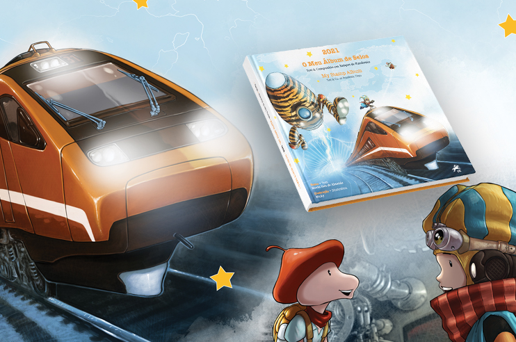 Imagem com comboio laranja, livro com capa igual, e duas figuras: uma com gorro vermelho, outra com capacete.