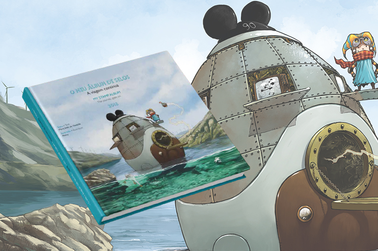 Capa de livro com submarino com orelhas de rato, personagens e fundo com rochas e turbinas eólicas.