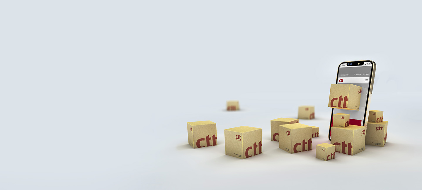 Um telemóvel e várias caixas de envio ao redor que simbolizam os Envios Online.