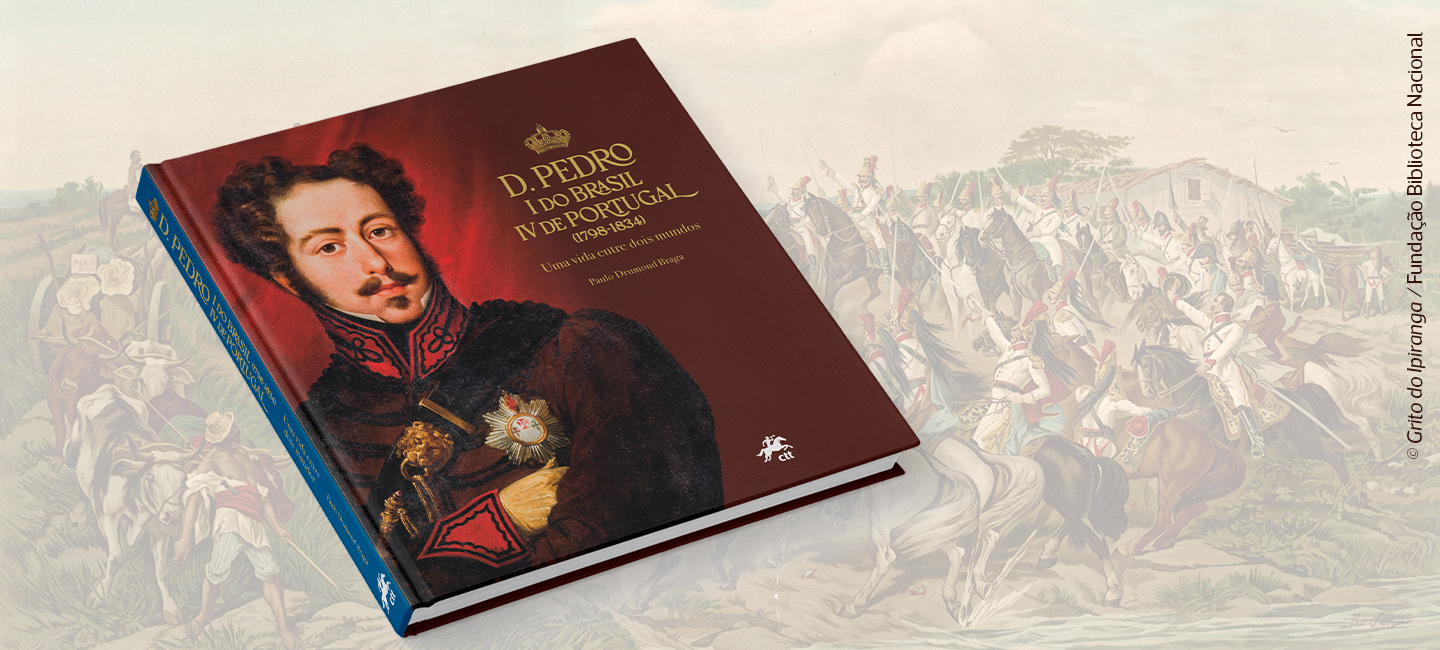 Imagem de D Pedro com imagem de batalha ao fundo