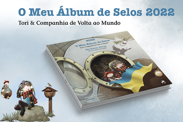 A imagem mostra o livro “O Meu Álbum de Selos 2022 – Tori & Companhia de Volta ao Mundo”.