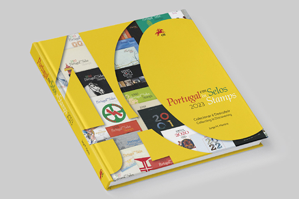 Capa do livro Portugal em Selos 2023, a capa do livro é amarelo e tem vários exemplos de selos.